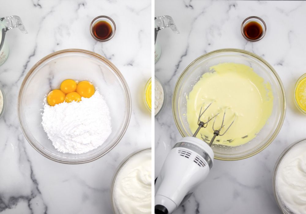 two photos; one shows egg yolks and powdered sugar in a mixing bowl; the other shows them beaten together to pale yellow
