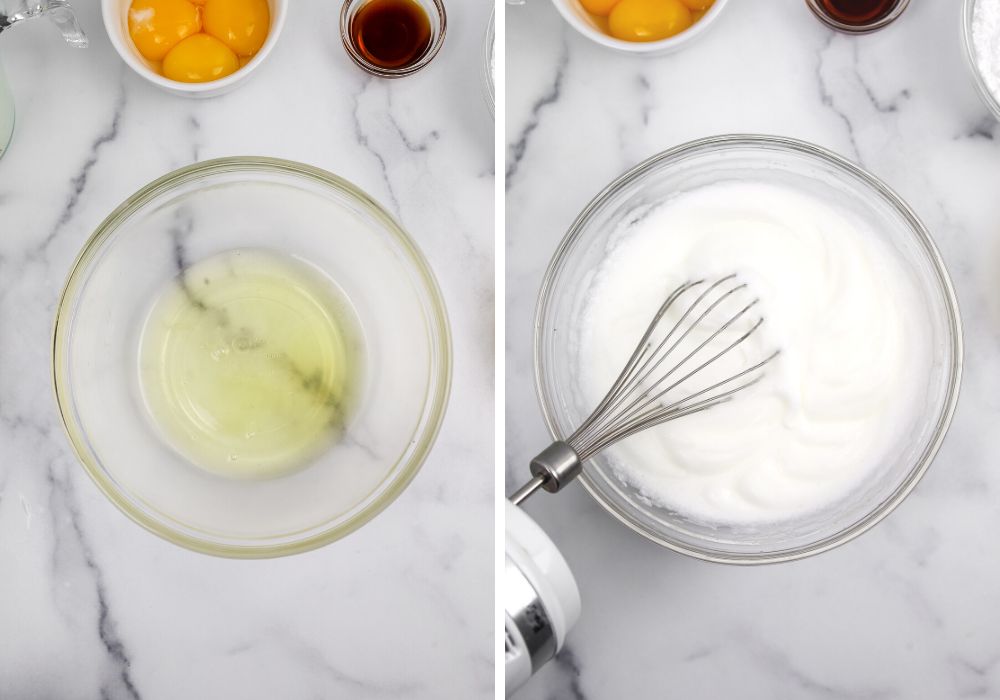 two photos; one shows egg whites in a glass bowl, the other shows them beaten to stiff peaks