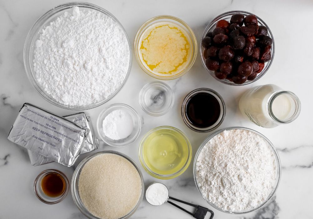 mise en place of ingredients needed for white forest cake
