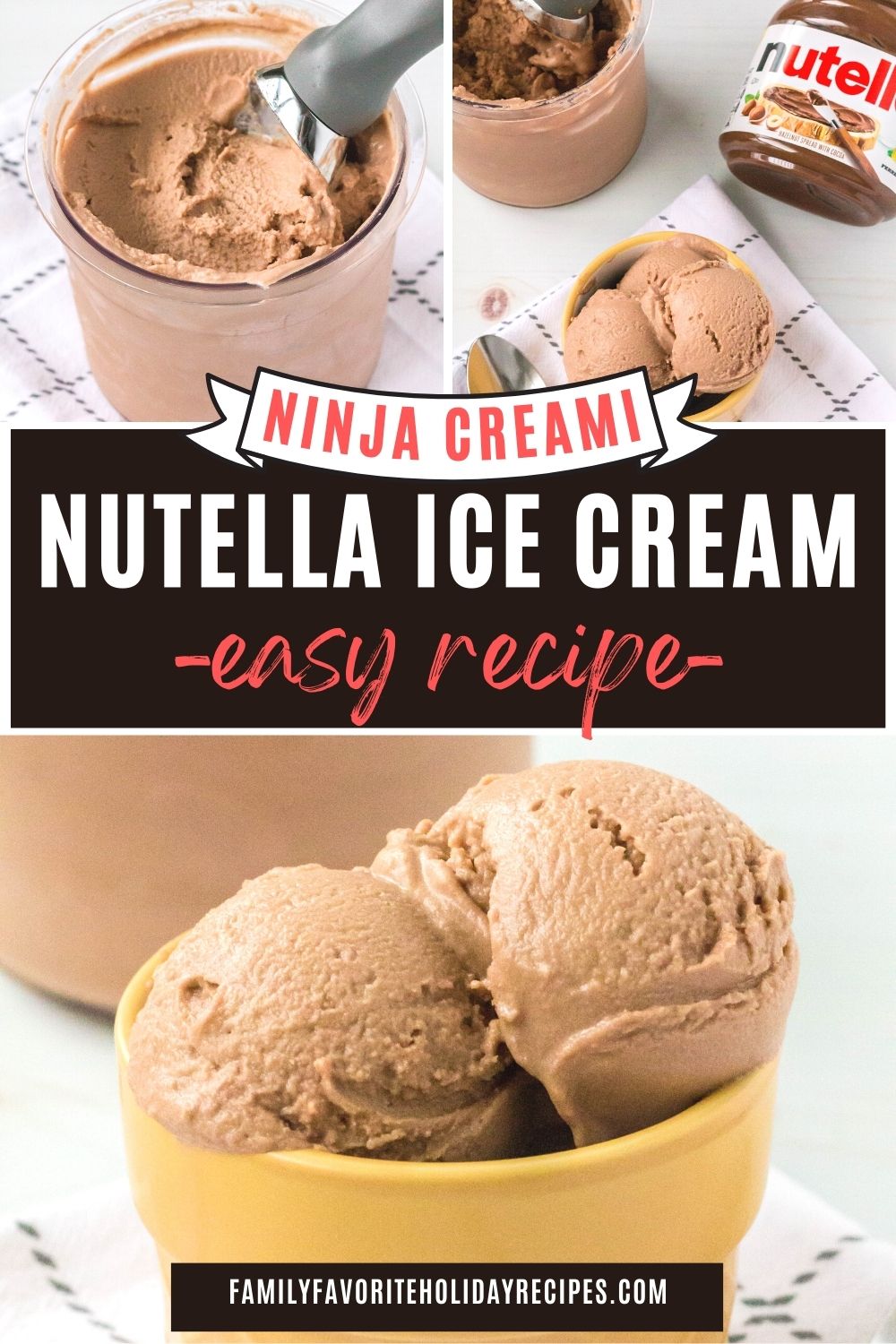 collage of three images;  one shows a pint ninja creami with chocolate hazelnut ice cream, the other shows a bowl of ice cream next to a jar of nutella and the other shows a close-up of two scoops of ninja creami nutella ice cream on a plate