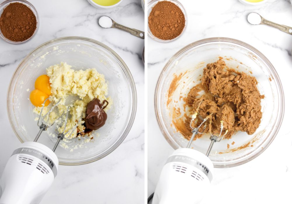 two photos; one shows egg yolks and nutella and vanilla extract added to butter/sugar mixture; the other shows the electric mixer combining the ingredients together
