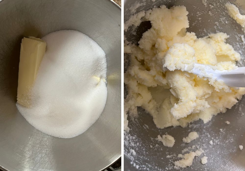 two photos;  one shows butter and sugar in a mixing bowl, the other shows them creaming together with a stand mixer paddle attachment