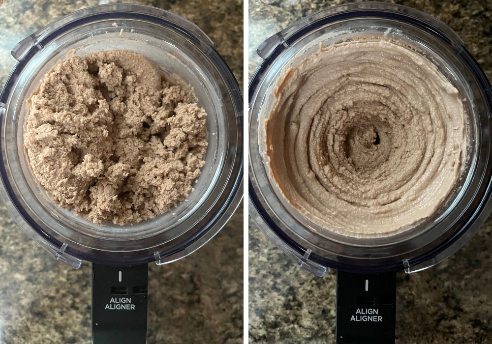 two photos;  one shows somewhat crumbly nutella ice cream from the ninja creami;  the other shows it after re-spinning with a little milk.