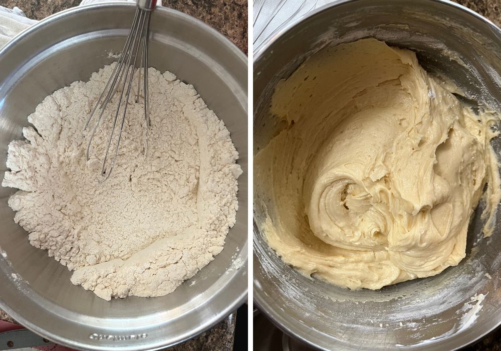 two photos;  one shows flour mixture and a whisk in a bowl, the other shows thick cake batter