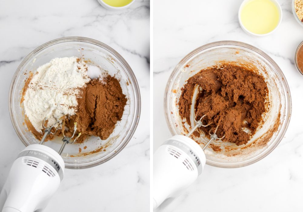 two photos; one shows flour, cocoa powder, and salt added to the mixing bowl; the other shows the ingredients mixed together to form cookie dough