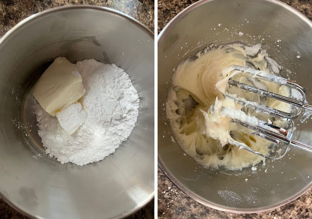 two photos; one shows butter, cream cheese, and powdered sugar in a small mixing bowl. The other shows the ingredients mixed together with an electric mixer.