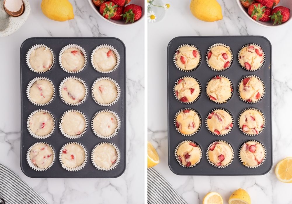 two photos;  one shows muffin batter added to lined muffin cups, the other shows freshly baked strawberry lemon muffins