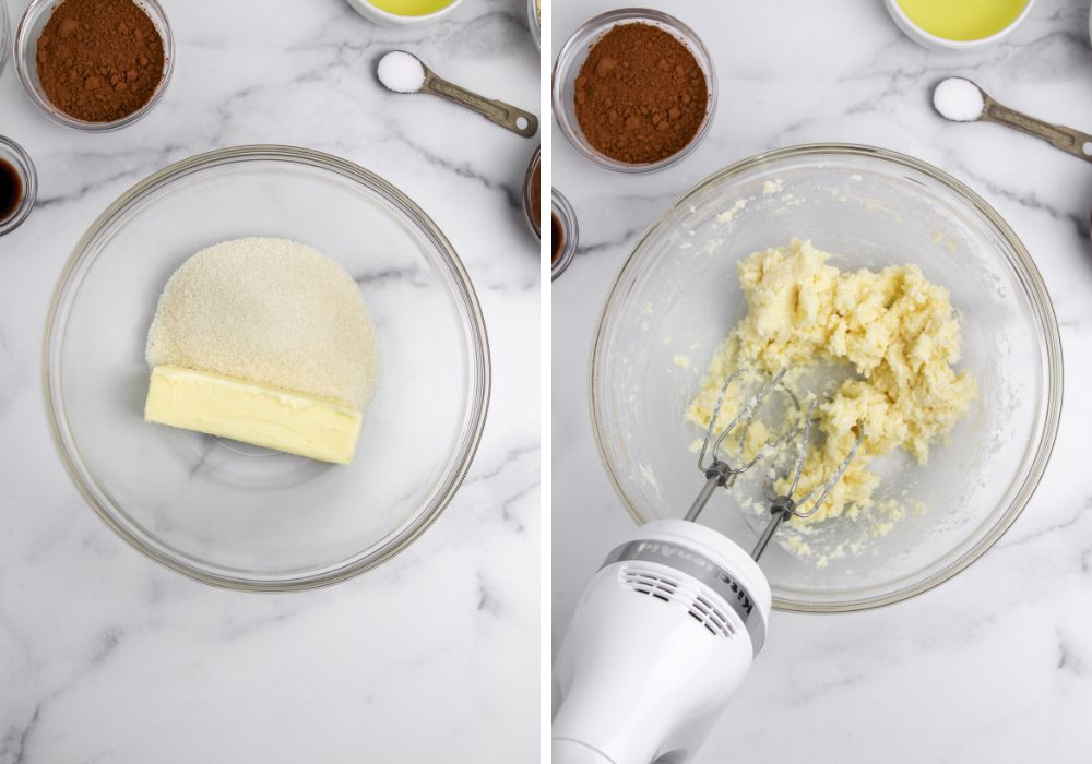 two photos; one shows a glass mixing bowl with sugar and butter. The other shows an electric mixer and the ingredients creamed together.