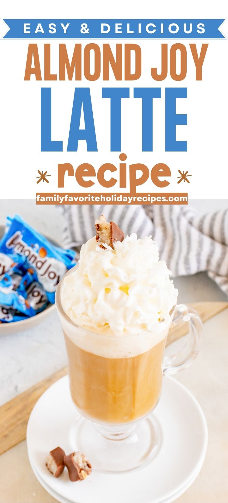 glass mug filled with Almond Joy flavored coffee, topped with whipped cream and chopped chocolate bar.