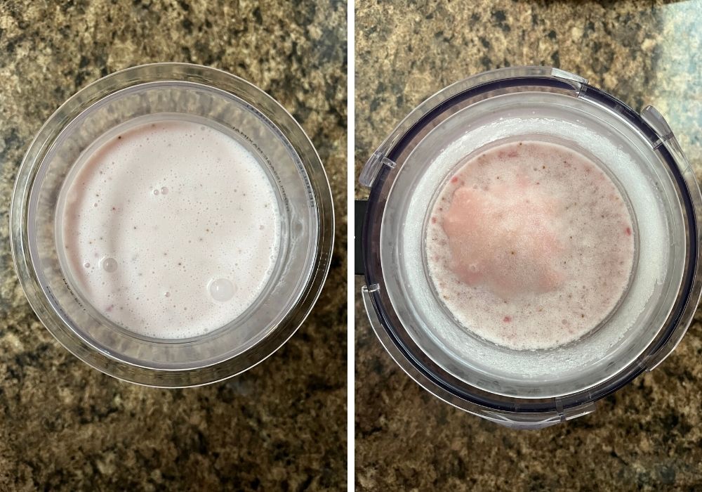 two photos;  one shows the mixture being poured into a ninja creami pint;  the other shows that mixture frozen after 24 hours.