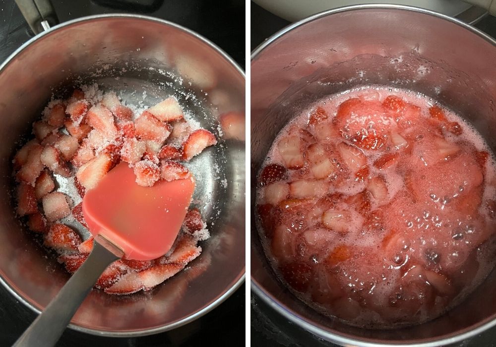 two photos;  one shows fresh strawberries mixed with sugar in a small saucepan;  the other shows those ingredients cooking together and bubbling in the saucepan.