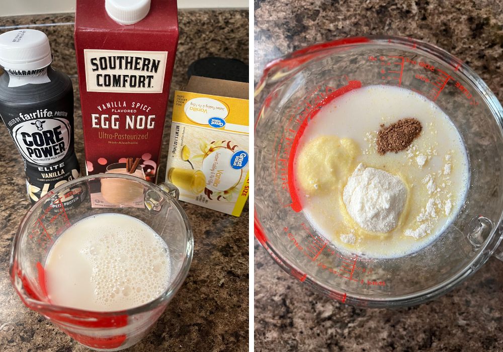 two photos; one shows ingredients for eggnog protein ice cream, the other shows vanilla protein shake, pudding mix, and nutmeg in a glass measuring cup.