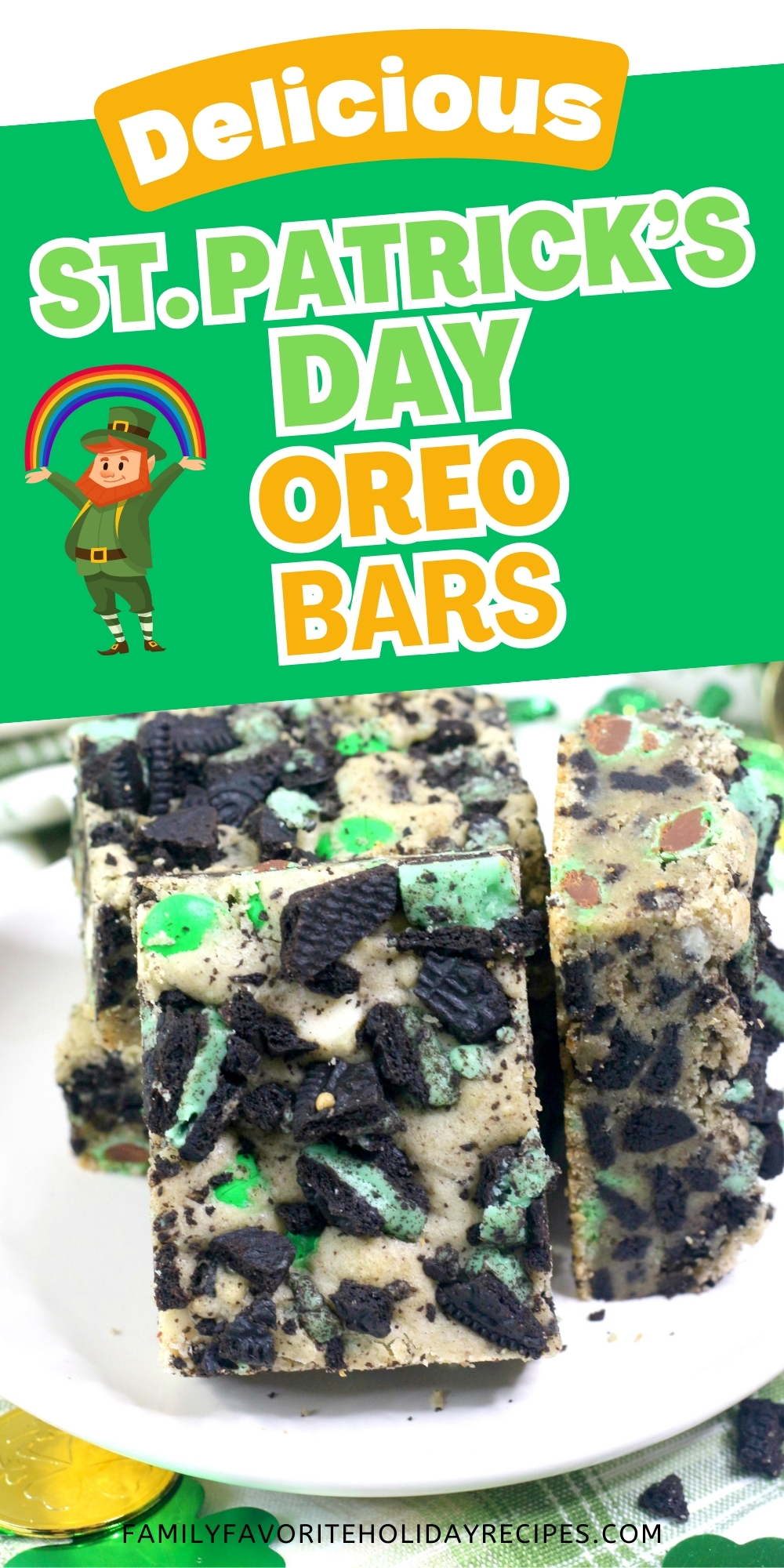 a few mint Oreo cookie bars on a white plate for serving as a St. Patrick's Day dessert.