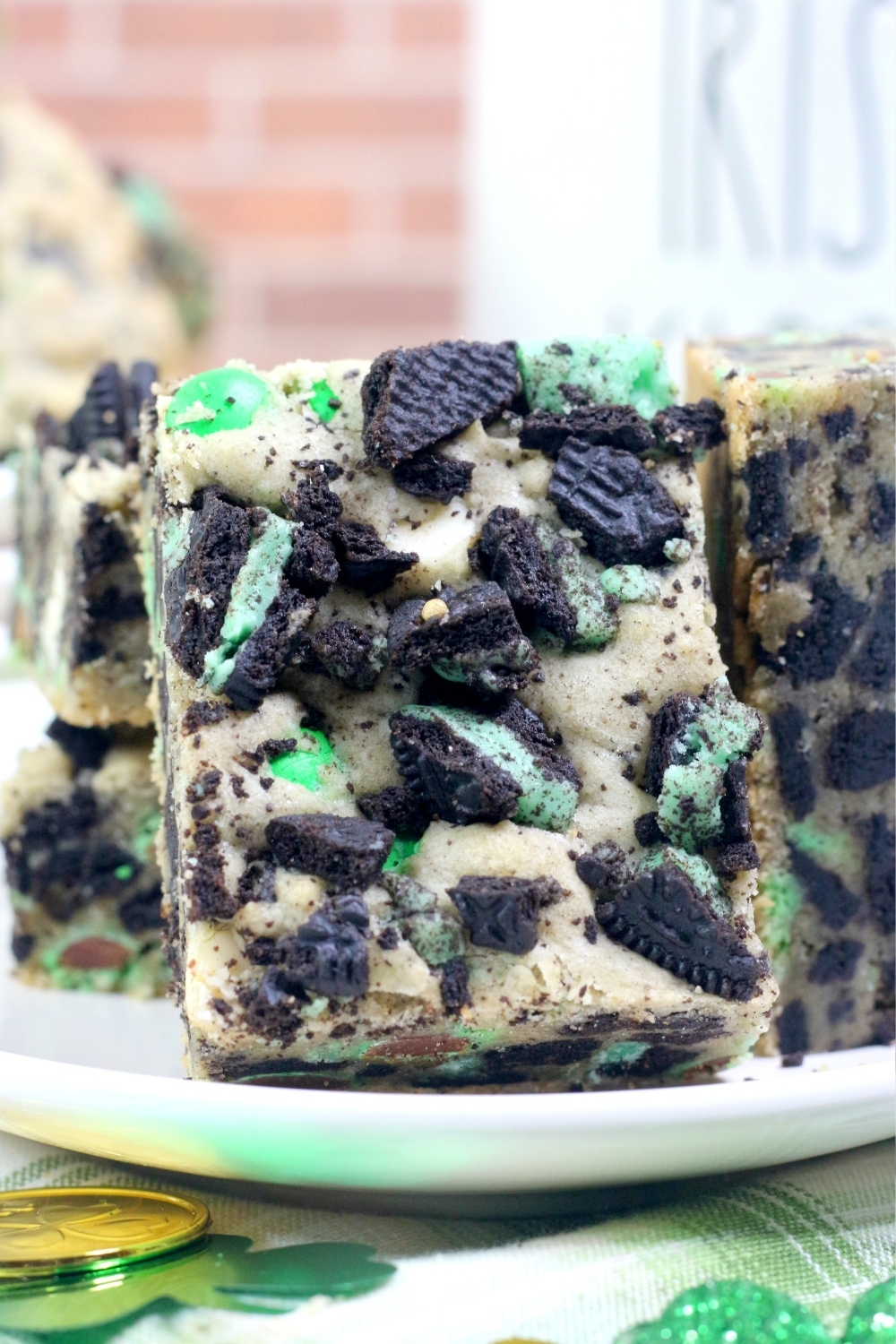 close-up view of sliced Oreo cookie bars made for St. Patrick's Day.
